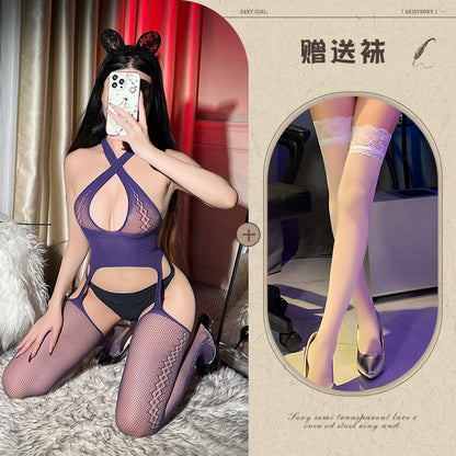 Pure Desire Cross Halter Fishnet Stockings Tear Hollow Out Bodysuit Sexy Sleepwear Women's Pantyhose Open Crotch - Seldom Seen Styles