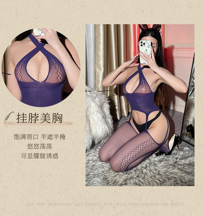 Pure Desire Cross Halter Fishnet Stockings Tear Hollow Out Bodysuit Sexy Sleepwear Women's Pantyhose Open Crotch - Seldom Seen Styles