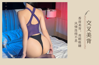Pure Desire Cross Halter Fishnet Stockings Tear Hollow Out Bodysuit Sexy Sleepwear Women's Pantyhose Open Crotch - Seldom Seen Styles