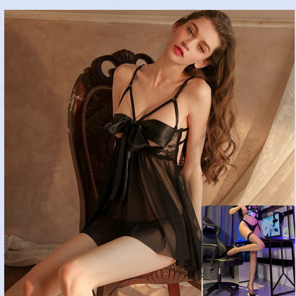 Pure Desire Sexy Lingerie Female Sexy See-through Temptation Open Crotch No-Removal Hot Passion Set Bowknot Small Chest Nightdress - Seldom Seen Styles