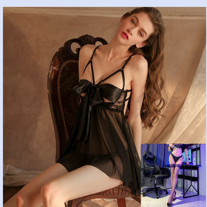 Pure Desire Sexy Lingerie Female Sexy See-through Temptation Open Crotch No-Removal Hot Passion Set Bowknot Small Chest Nightdress - Seldom Seen Styles
