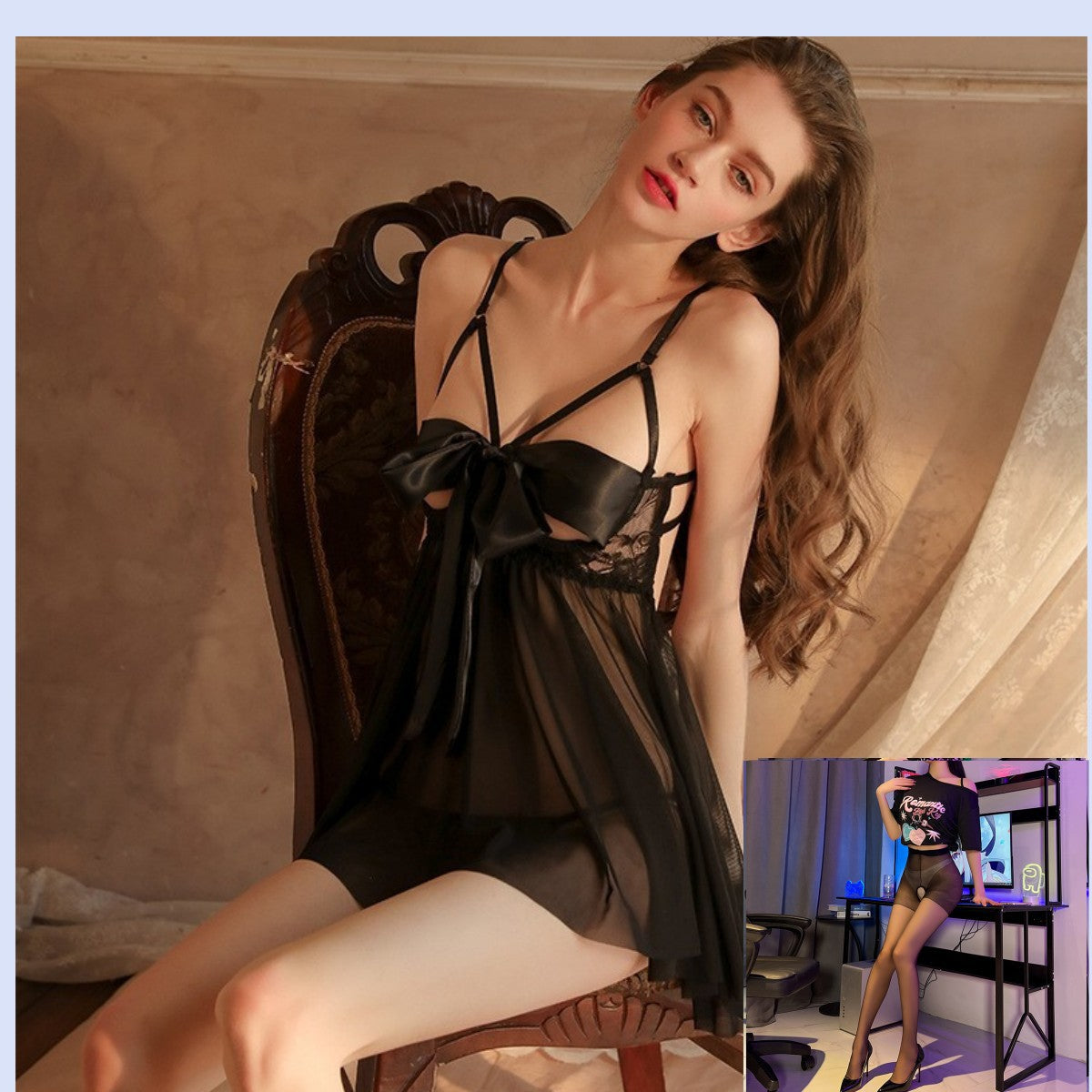 Pure Desire Sexy Lingerie Female Sexy See-through Temptation Open Crotch No-Removal Hot Passion Set Bowknot Small Chest Nightdress - Seldom Seen Styles