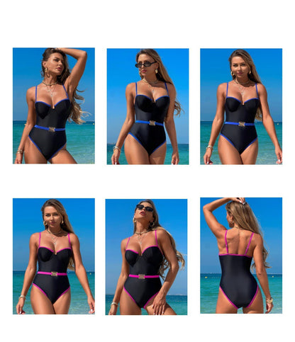 Push Up Swimsuit, Color Block High Cut, Vacation Pool Party, Sexy One Piece Bathing Suit Cheeky Going Out Outfits - Seldom Seen Styles