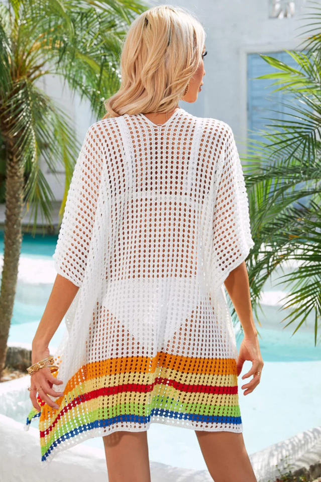Rainbow Stripe Openwork Slit Cover Up - Seldom Seen Styles