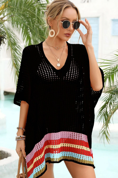 Rainbow Stripe Openwork Slit Cover Up - Seldom Seen Styles