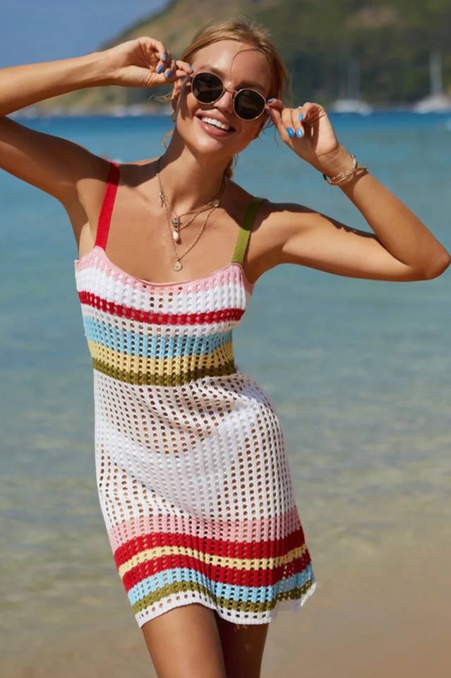 Rainbow Stripe Openwork Cover-Up Dress - Seldom Seen Styles
