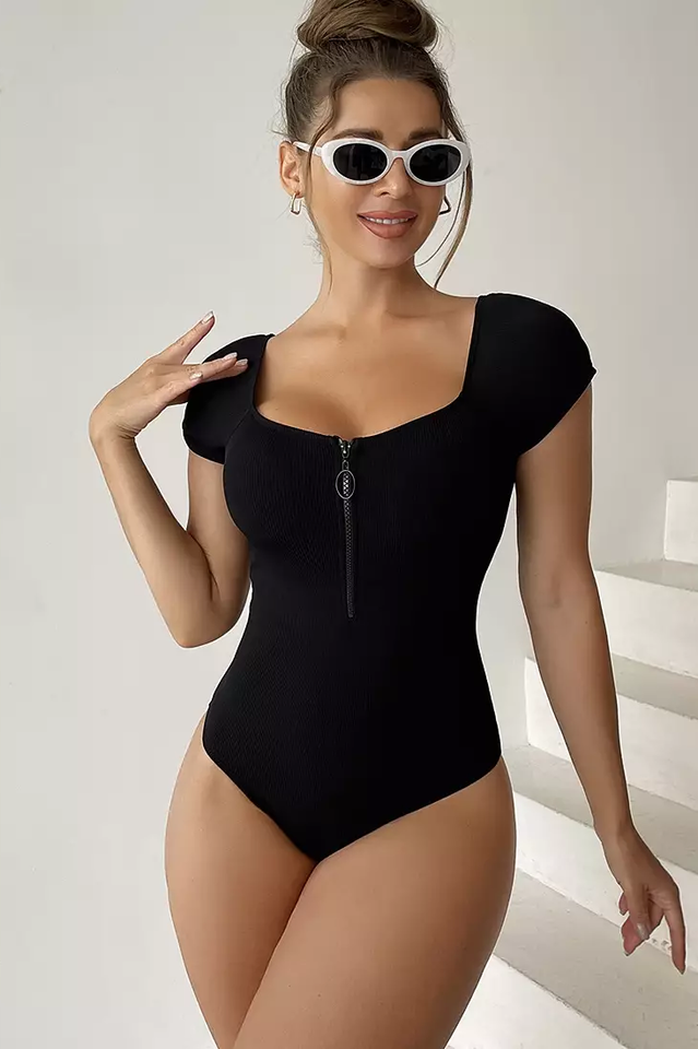 Solid Front Zipper Round Neck Bathing Suit - Seldom Seen Styles