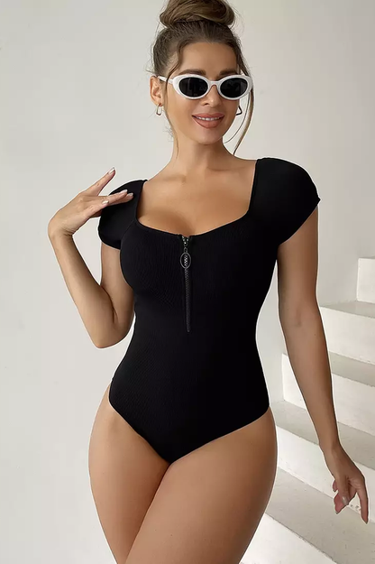 Solid Front Zipper Round Neck Bathing Suit - Seldom Seen Styles