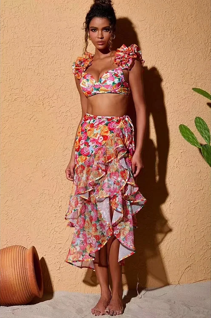 3D Floral Print Swimsuit & Skirt Set - Seldom Seen Styles