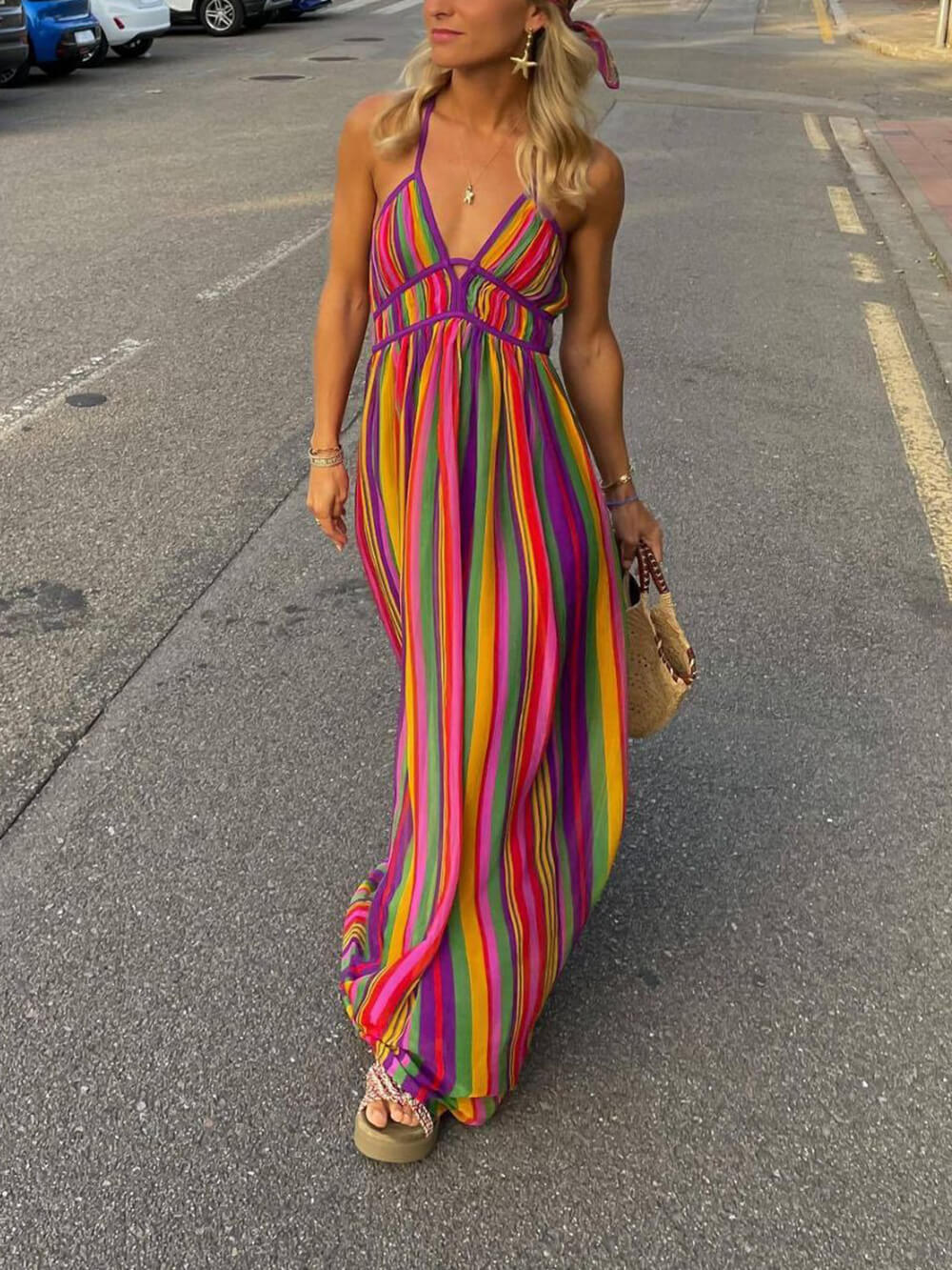 Rainbow Stripe Print V-Neck Maxi Dress - Seldom Seen Styles