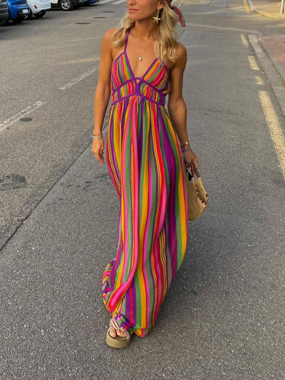 Rainbow Stripe Print V-Neck Maxi Dress - Seldom Seen Styles