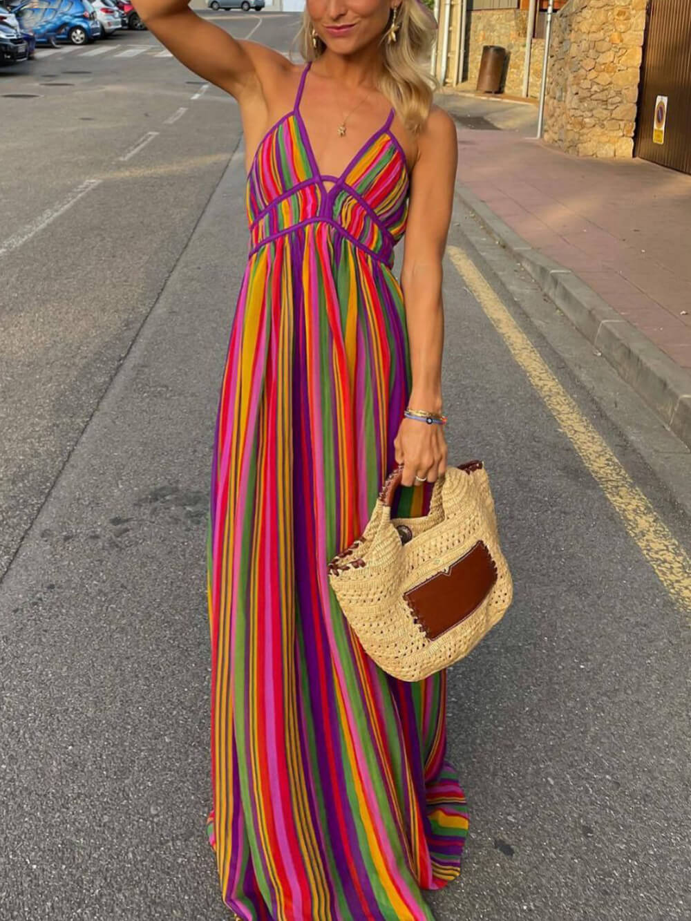Rainbow Stripe Print V-Neck Maxi Dress - Seldom Seen Styles