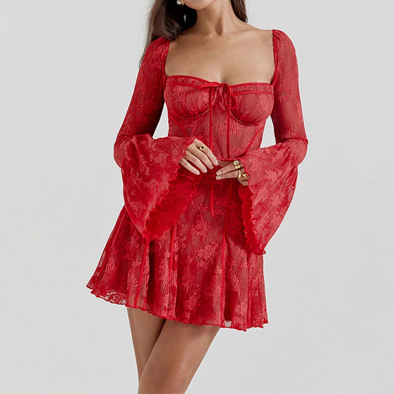 Ravishing Ruby Long-sleeve Square necklace lace dress - Seldom Seen Styles