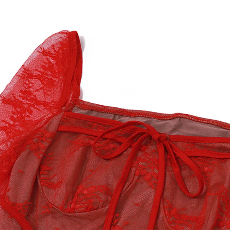 Ravishing Ruby Long-sleeve Square necklace lace dress - Seldom Seen Styles