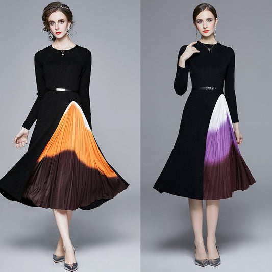 Reese Gradient Patchwork Pleated Midi Dress  Knitted Patchwork Gradient Color Pleated Slim Waist Large Swing Long Dress - Seldom Seen Styles