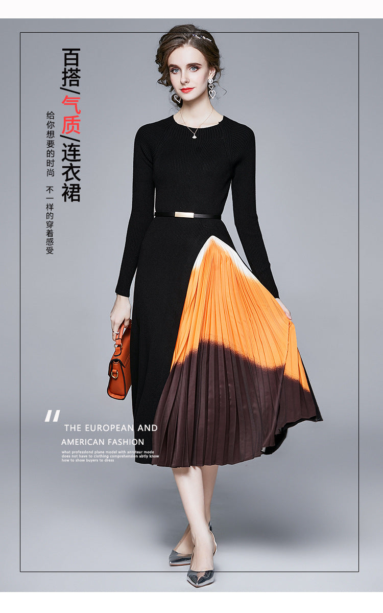 Reese Gradient Patchwork Pleated Midi Dress  Knitted Patchwork Gradient Color Pleated Slim Waist Large Swing Long Dress - Seldom Seen Styles