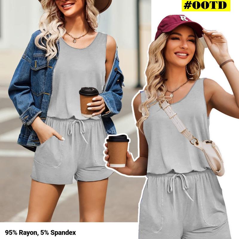 Rompers for Women Summer Sleeveless Scoop Neck Tank Top Casual Short Jumpsuit Rompers with Pockets - Seldom Seen Styles