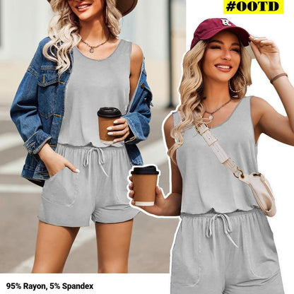 Rompers for Women Summer Sleeveless Scoop Neck Tank Top Casual Short Jumpsuit Rompers with Pockets - Seldom Seen Styles