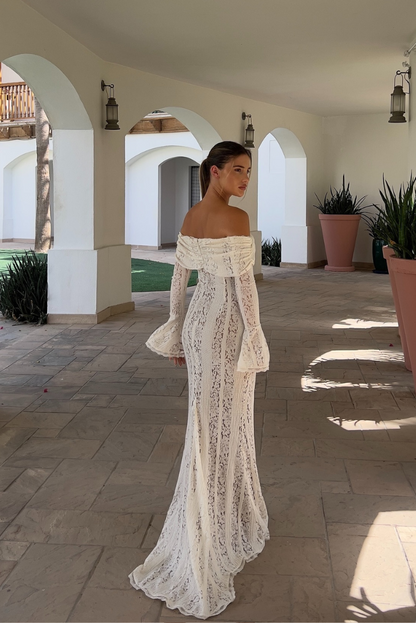 Rosie | Lace Maxi Dress Strapless Long Sleeve White Mesh Dress - Seldom Seen Styles