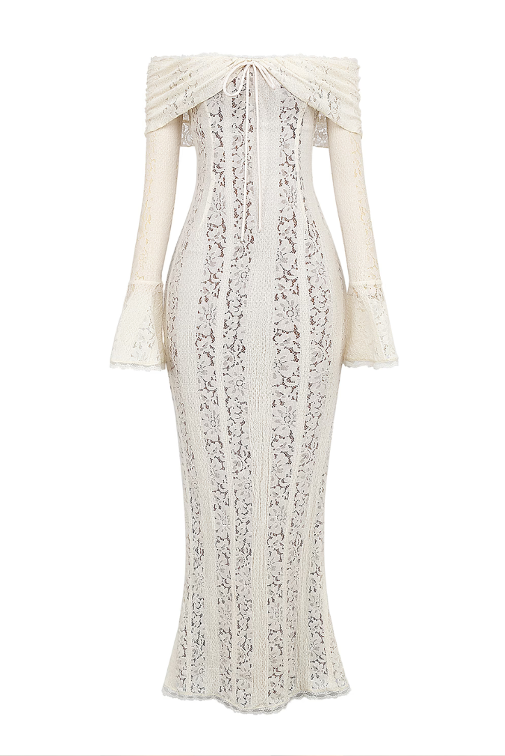Rosie | Lace Maxi Dress Strapless Long Sleeve White Mesh Dress - Seldom Seen Styles