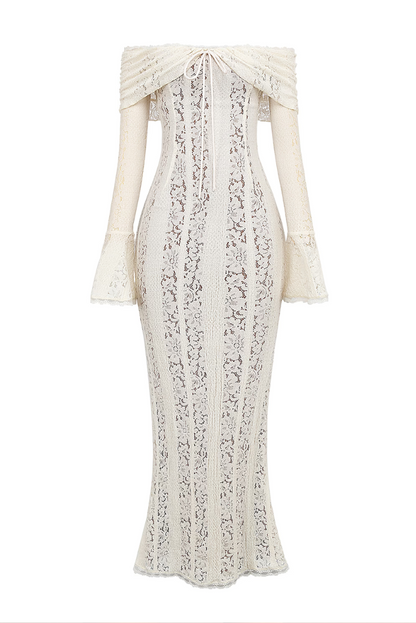 Rosie | Lace Maxi Dress Strapless Long Sleeve White Mesh Dress - Seldom Seen Styles