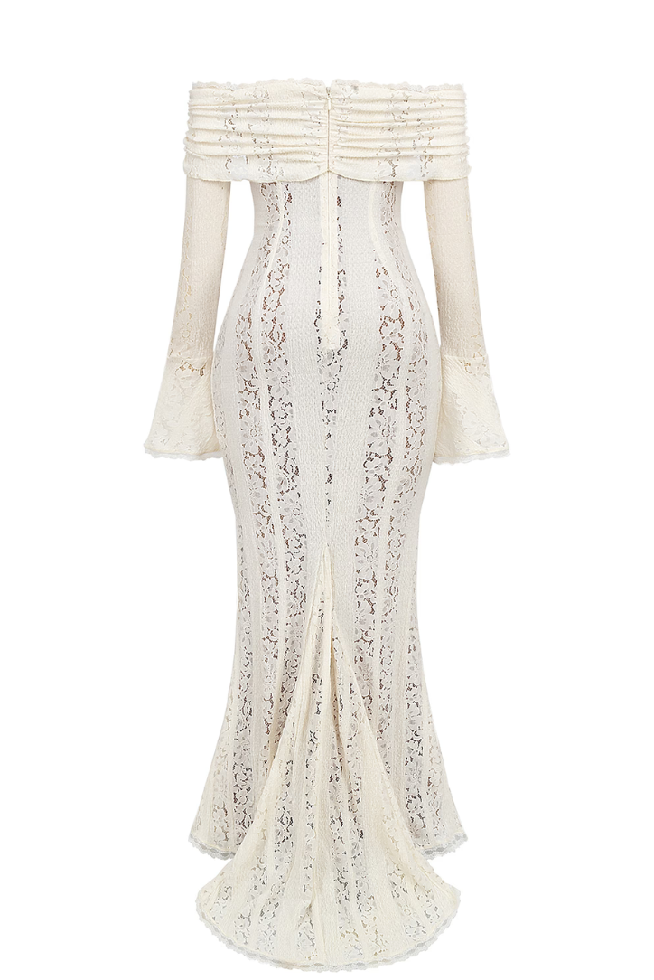 Rosie | Lace Maxi Dress Strapless Long Sleeve White Mesh Dress - Seldom Seen Styles