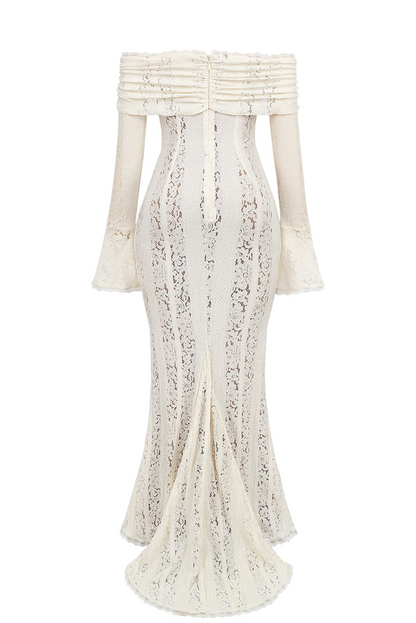 Rosie | Lace Maxi Dress Strapless Long Sleeve White Mesh Dress - Seldom Seen Styles