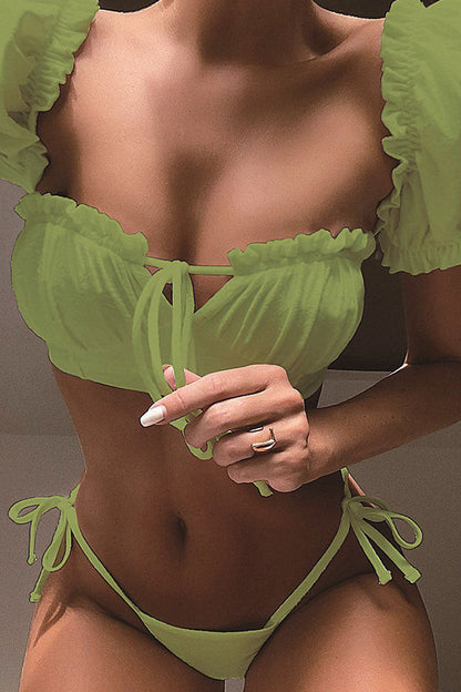 Sexy Stretch Ruffle Tie Sheer Mesh Lingerie Set Outfits