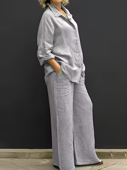 Womens Cotton Linen 2 Piece Outfits Long Sleeve Button Down Top Loose Elastic Waist Wide Leg Long Pants with 2 Pockets - Seldom Seen Styles