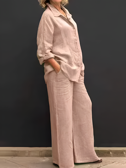 Womens Cotton Linen 2 Piece Outfits Long Sleeve Button Down Top Loose Elastic Waist Wide Leg Long Pants with 2 Pockets - Seldom Seen Styles