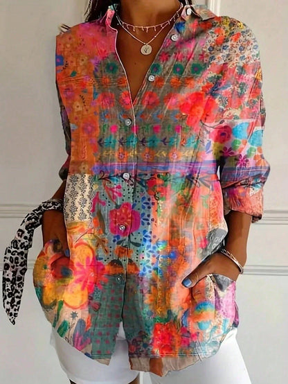 Women's Button Down Shirt Printed Long Sleeve Collared Blouse Casual Vacation Tops - Seldom Seen Styles