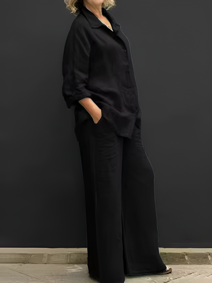 Womens Cotton Linen 2 Piece Outfits Long Sleeve Button Down Top Loose Elastic Waist Wide Leg Long Pants with 2 Pockets - Seldom Seen Styles
