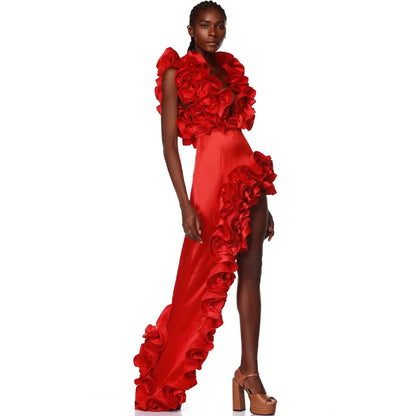 Red Flower Bodysuit and side slit maxi skirt - Seldom Seen Styles