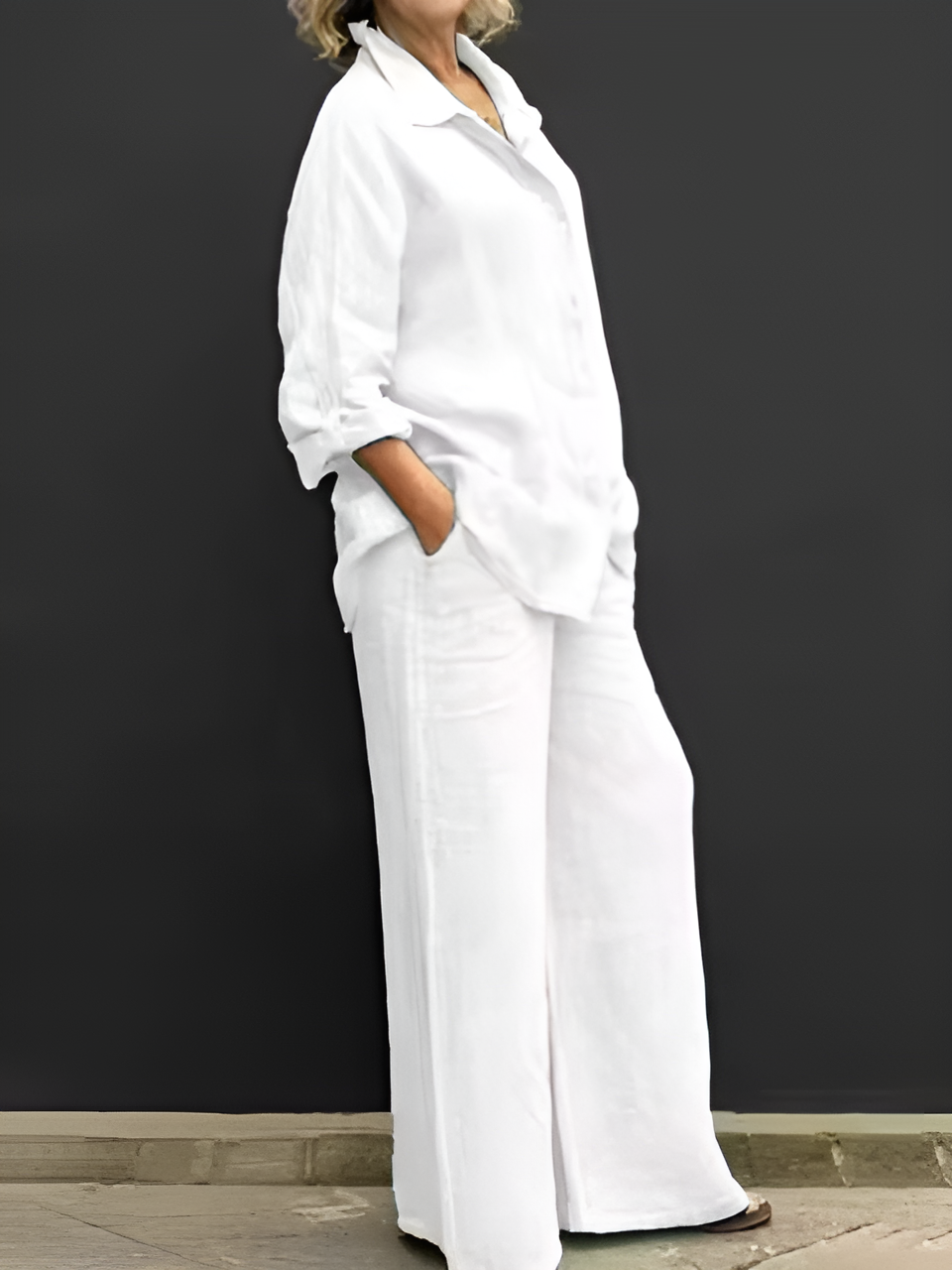 Womens Cotton Linen 2 Piece Outfits Long Sleeve Button Down Top Loose Elastic Waist Wide Leg Long Pants with 2 Pockets - Seldom Seen Styles