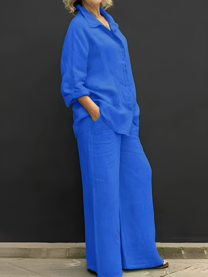 Womens Cotton Linen 2 Piece Outfits Long Sleeve Button Down Top Loose Elastic Waist Wide Leg Long Pants with 2 Pockets - Seldom Seen Styles