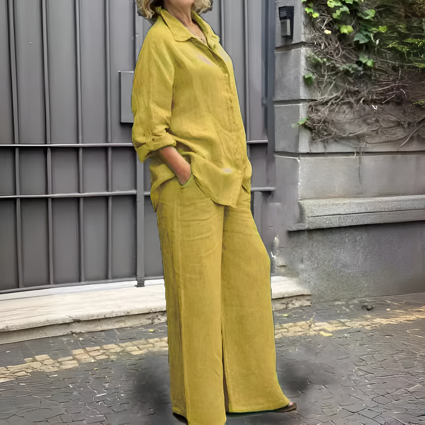 Womens Cotton Linen 2 Piece Outfits Long Sleeve Button Down Top Loose Elastic Waist Wide Leg Long Pants with 2 Pockets - Seldom Seen Styles