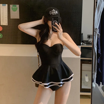 Saashi French Style Retro Little Black Dress Swimsuit - Japanese Korean One-Piece Bikini