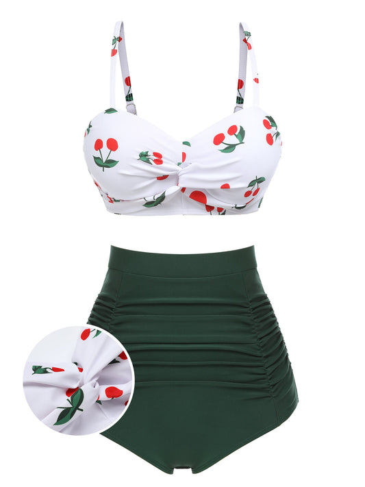 Front view: 1950s 2PCS 1950s Cherry Spaghetti Strap Bikini Set, perfect for vintage themed parties and retro fashion enthusiasts