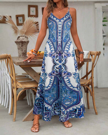 Women's Summer Paisley Floral Maxi Dress V Neck Loose Flowy Vacation Boho Long Sundress - Seldom Seen Styles