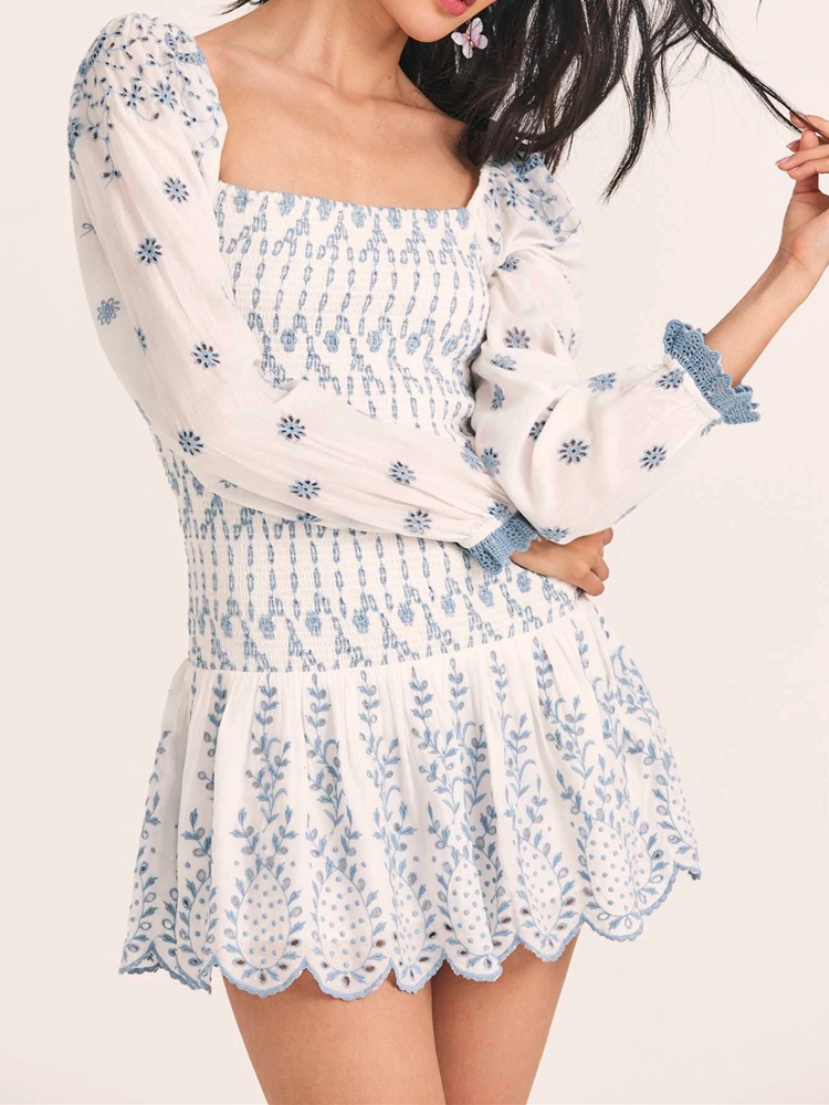 STEFANI MINI DRESS 100% Cotton Square Neck Embroidered Long Sleeve Mesh Blue And White Dress - Seldom Seen Styles