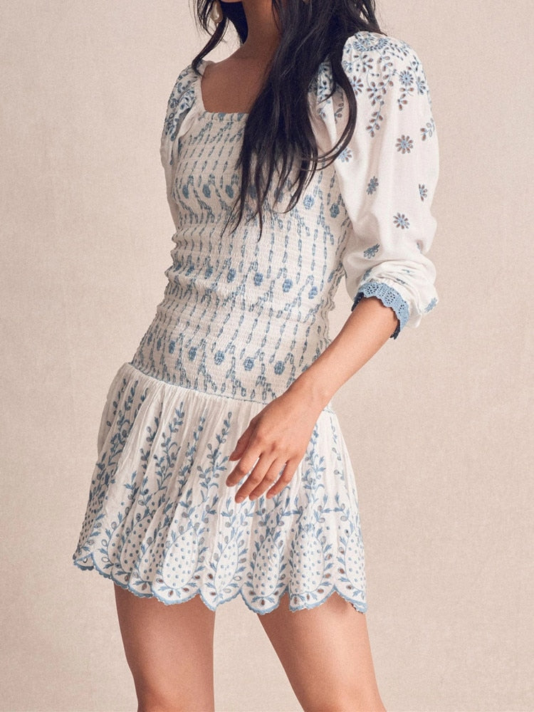 STEFANI MINI DRESS 100% Cotton Square Neck Embroidered Long Sleeve Mesh Blue And White Dress - Seldom Seen Styles