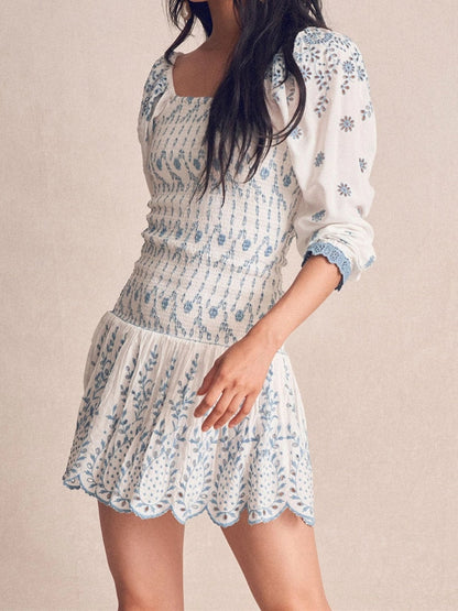 STEFANI MINI DRESS 100% Cotton Square Neck Embroidered Long Sleeve Mesh Blue And White Dress - Seldom Seen Styles
