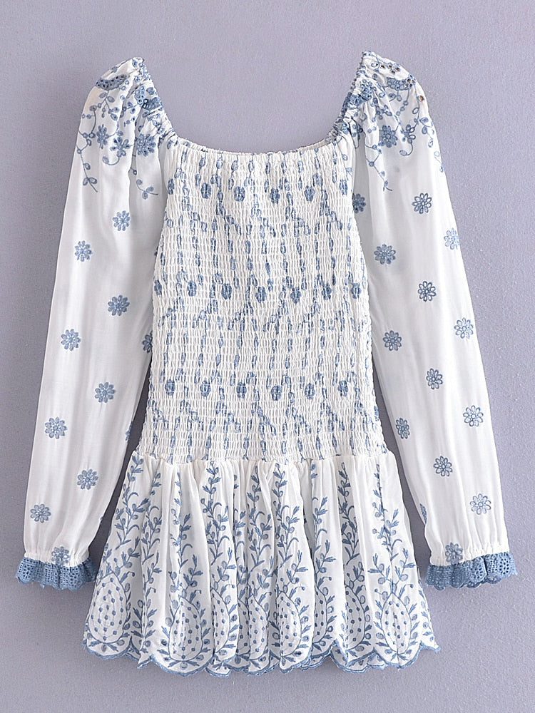 STEFANI MINI DRESS 100% Cotton Square Neck Embroidered Long Sleeve Mesh Blue And White Dress - Seldom Seen Styles