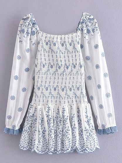 STEFANI MINI DRESS 100% Cotton Square Neck Embroidered Long Sleeve Mesh Blue And White Dress - Seldom Seen Styles