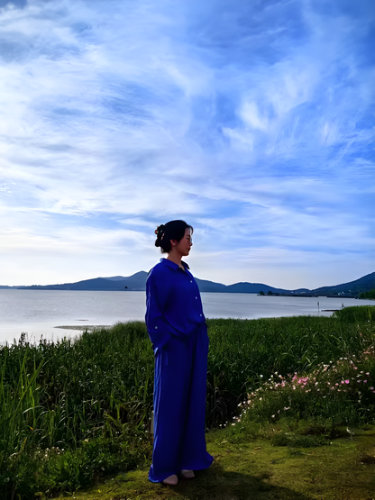 Womens Cotton Linen 2 Piece Outfits Long Sleeve Button Down Top Loose Elastic Waist Wide Leg Long Pants with 2 Pockets - Seldom Seen Styles