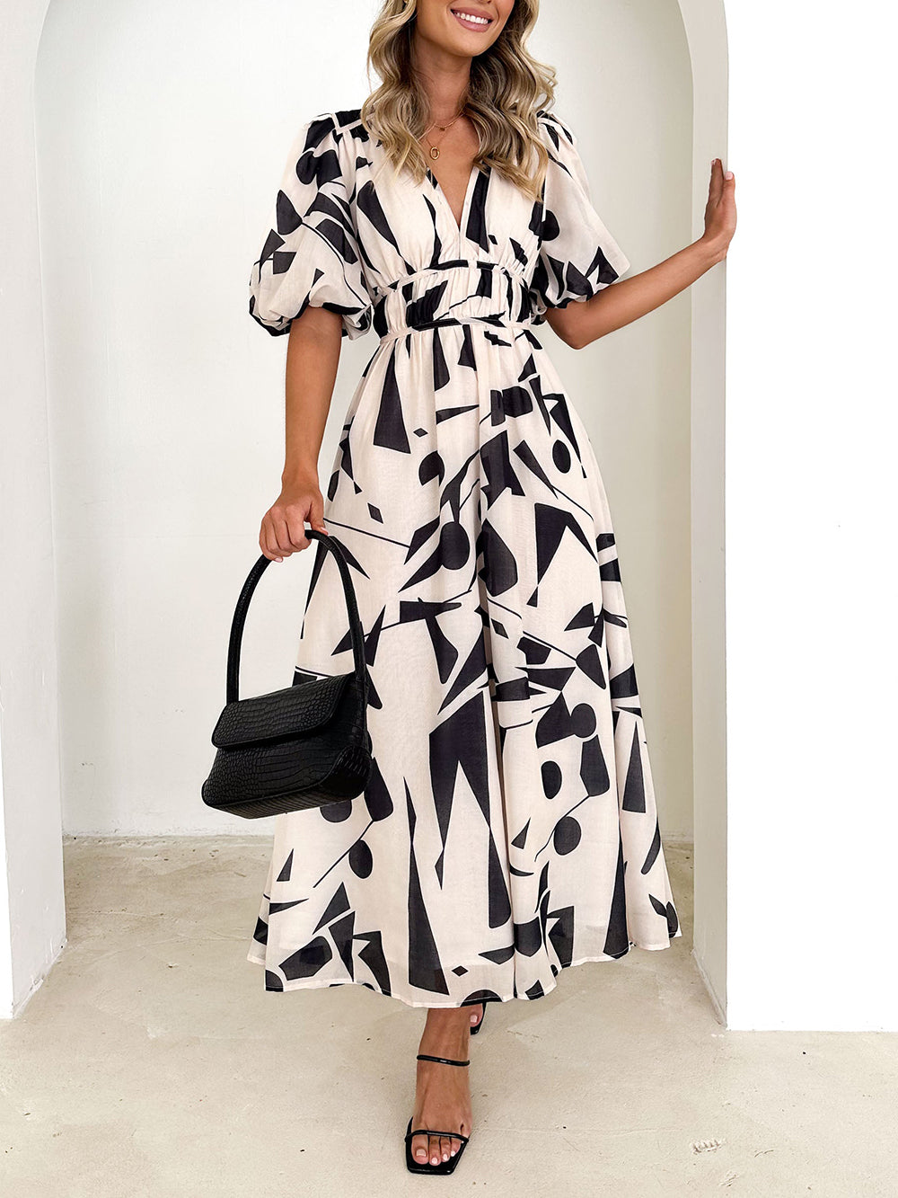 Sakura Midi Dress - Beige Geo - Seldom Seen Styles