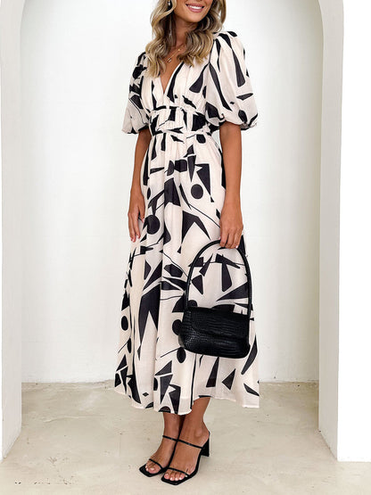 Sakura Midi Dress - Beige Geo - Seldom Seen Styles