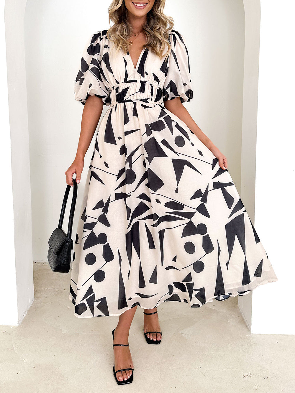 Sakura Midi Dress - Beige Geo - Seldom Seen Styles