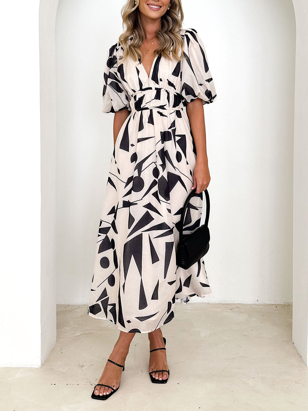 Sakura Midi Dress - Beige Geo - Seldom Seen Styles