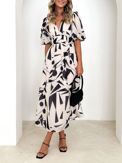 Sakura Midi Dress - Beige Geo - Seldom Seen Styles